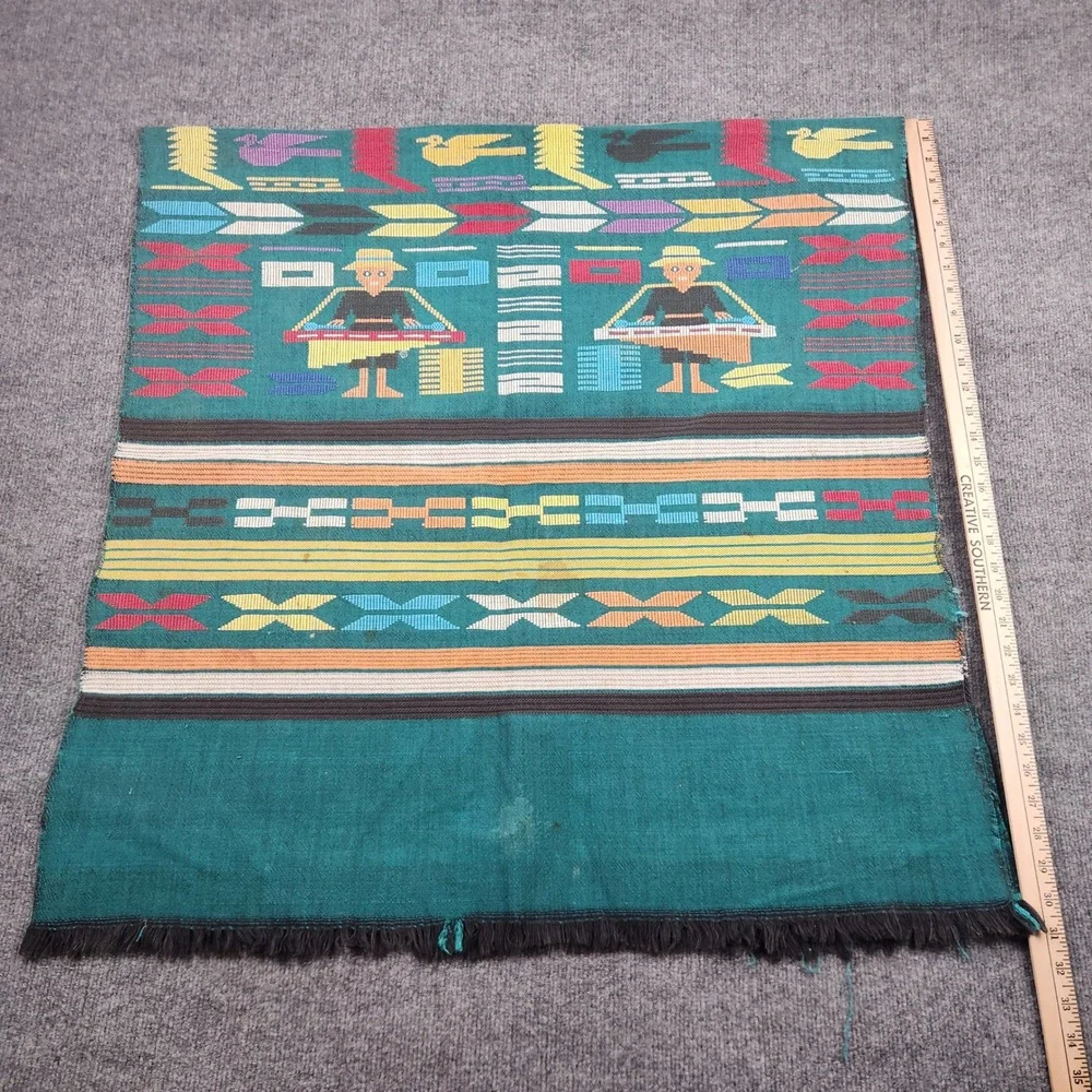 Vintage Handwoven Guatemalan Tapestry Teal Mayan Folk Art Bird Textile 60x30
